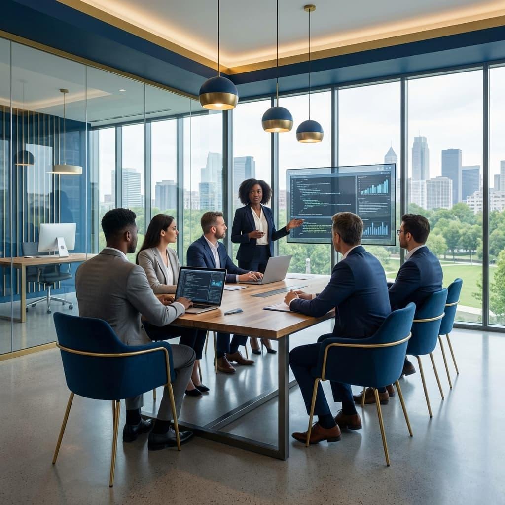 Reunião estratégica em escritório corporativo moderno